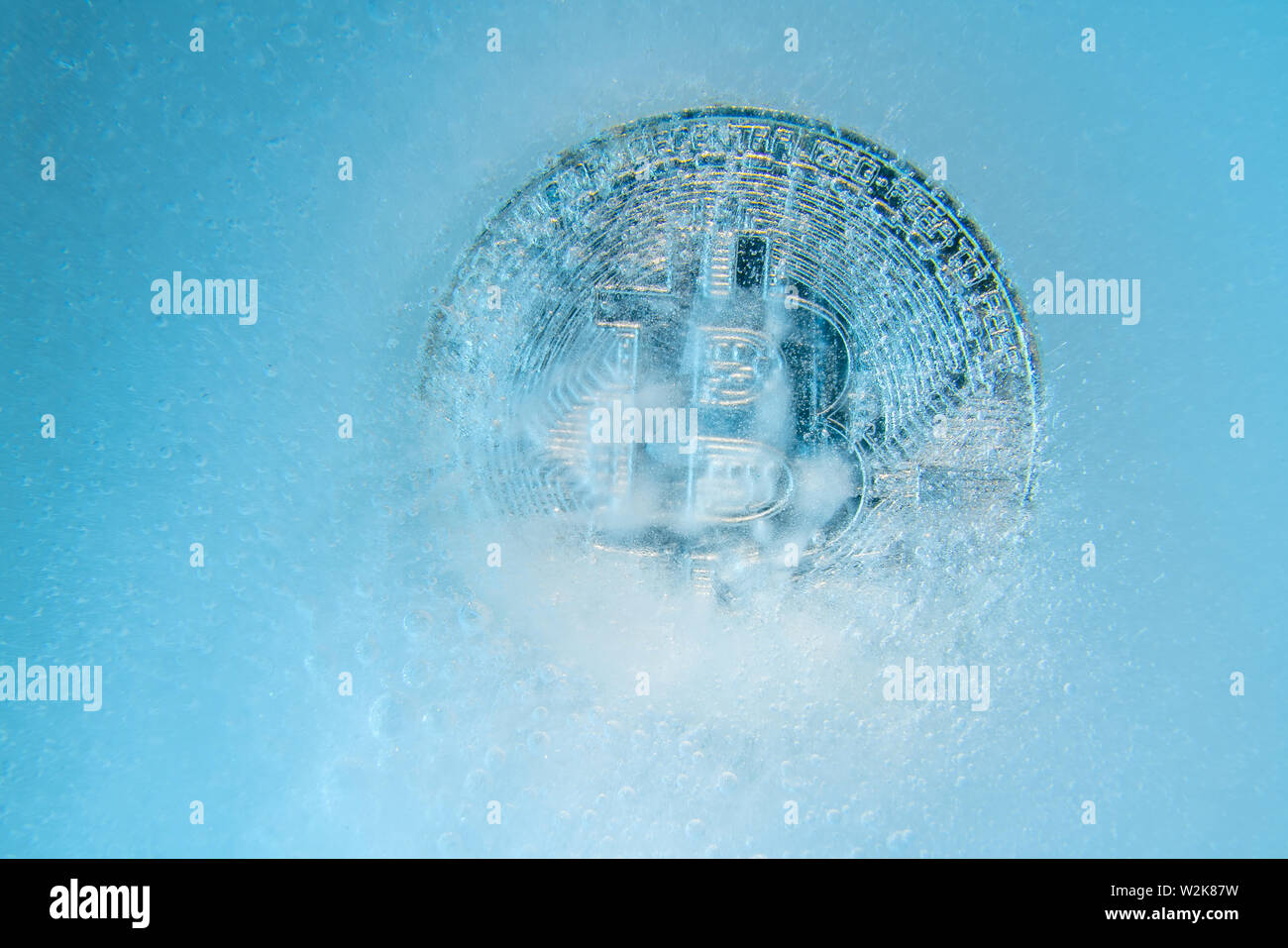 Silver Bitcoin Bit Coin Online Digital Currency Frozen In The Blue - 